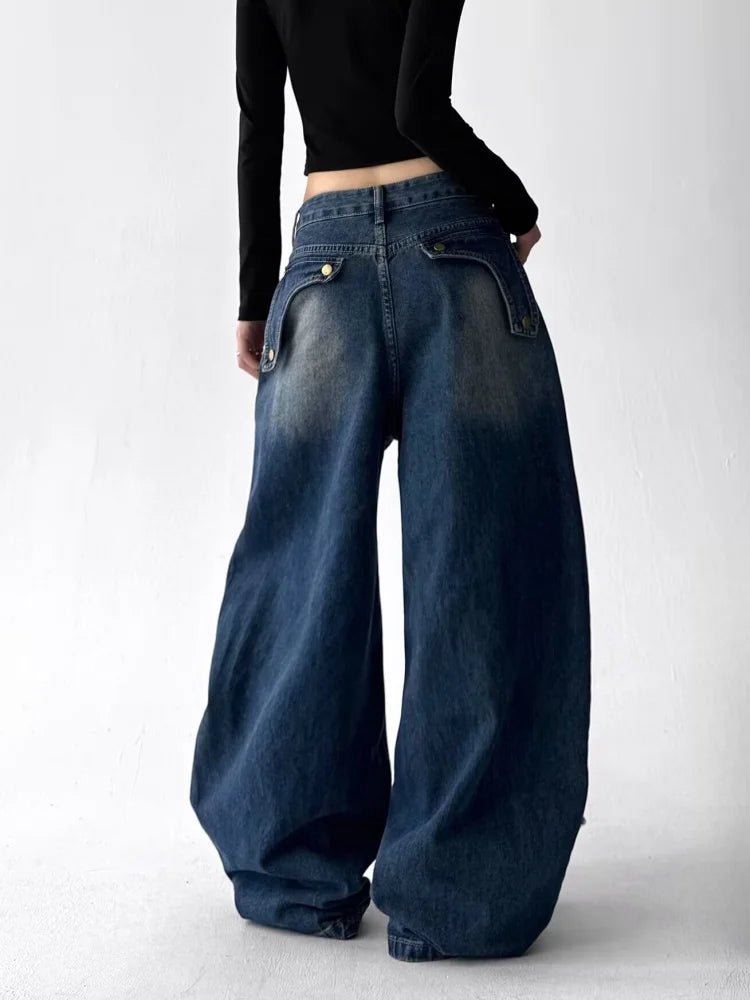 2025 Grunge Y2K Streetwear Vintage Blue Baggy Stacked Cargo Jeans Pants For Women Clothing Wide Leg New Rock Lady Denim Trousers - ZentrovaZentrova