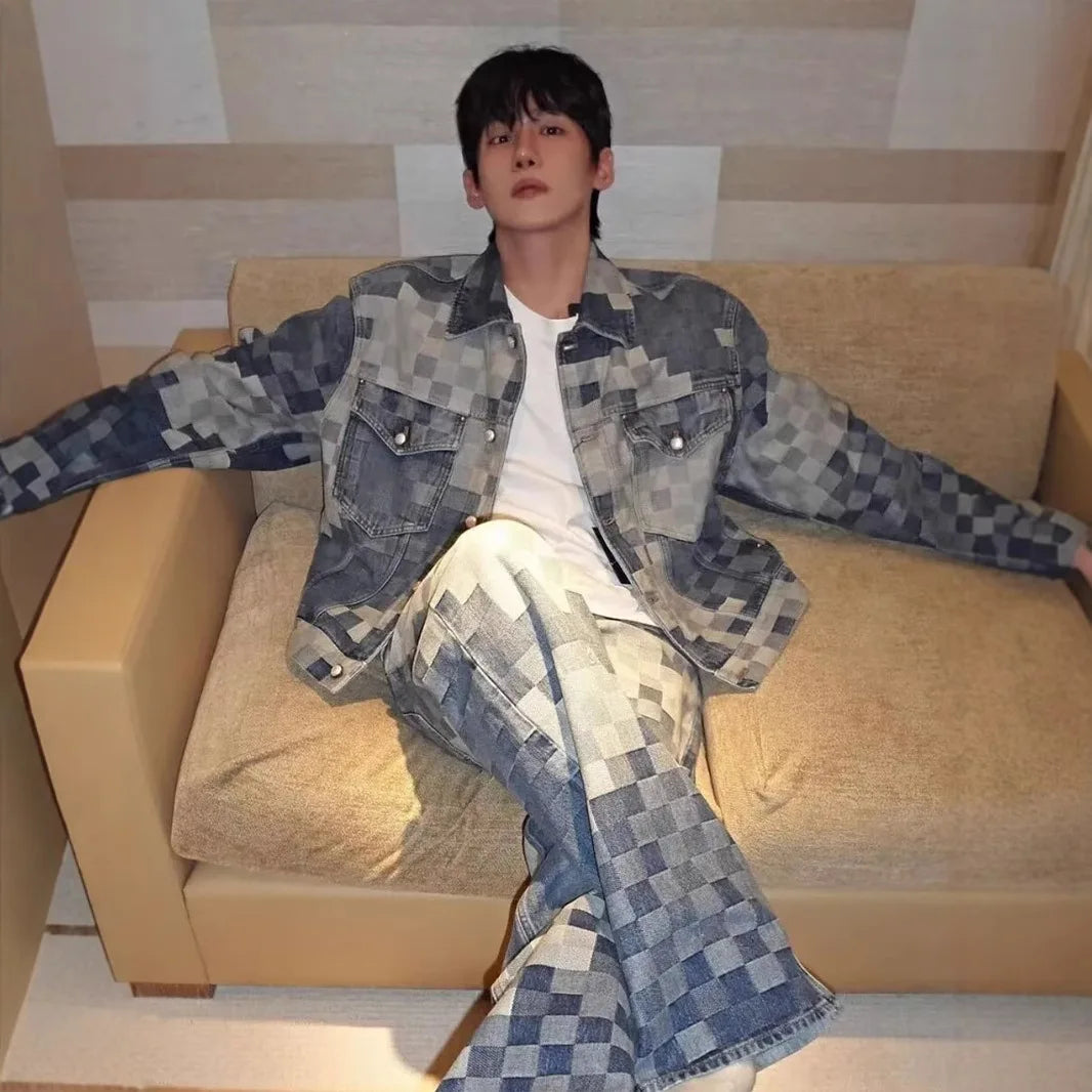 Vintage Loose Denim Jacket Trendy Men's Loose-Fit Jacket Men Streetwear Harajuku Style Plaid Coat Hip Hop Gothic Clothes