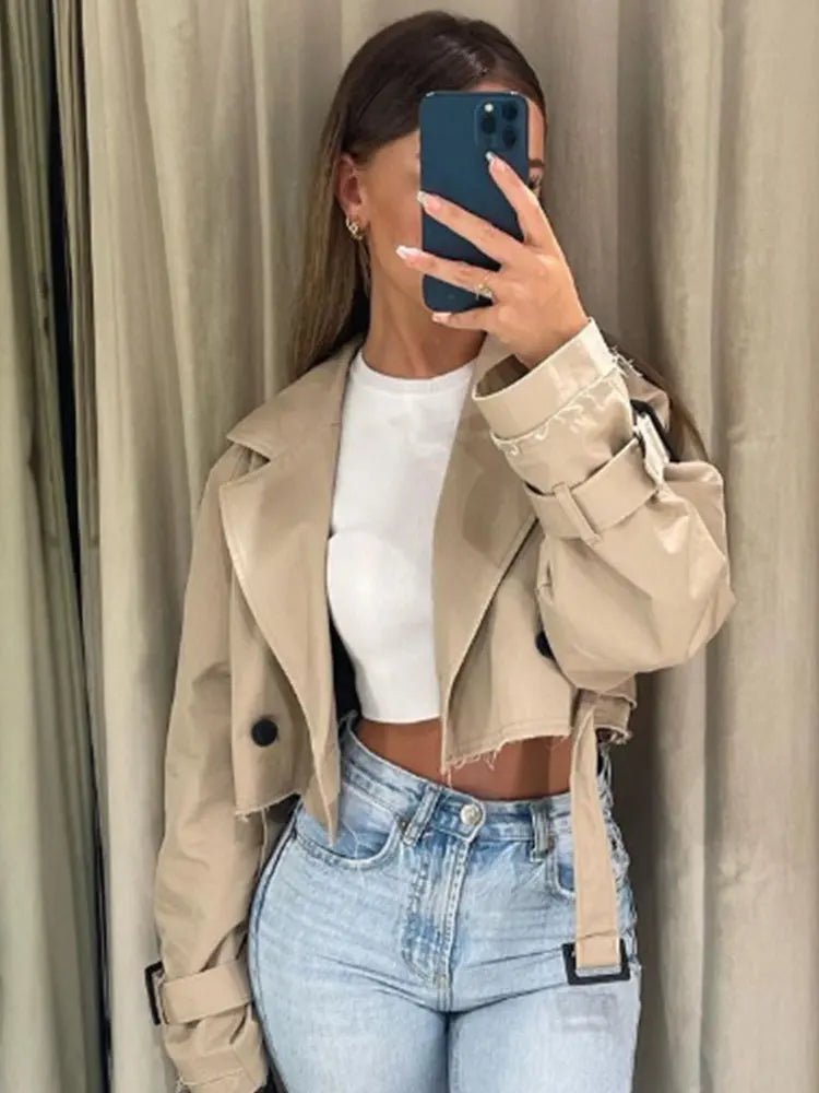 2024 Belt Cropped Trench Spring Jacket Women Vintage Streetwear Double Breasted Long Sleeve Top Female Coat Outfits - ZentrovaZentrova