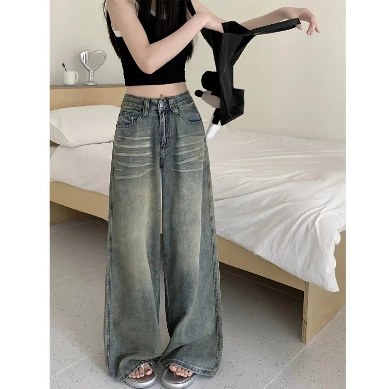 American Retro Washed Wide Leg Jeans Women Loose High Waisted Slimming Height Enhancing Floor Length Casual Straight Long Pants - ZentrovaZentrova