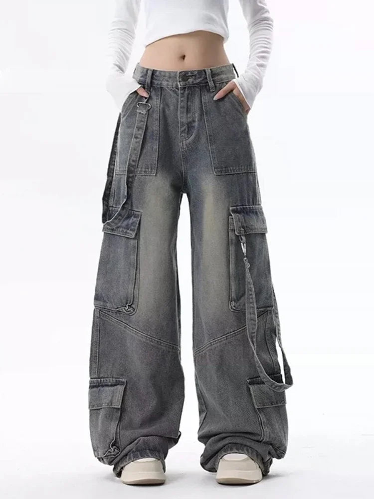 Cargo Jeans for Women Baggy High Street Chic All - match Daily Vintage High Waist Trousers Autumn Popular Multi - pockets Classic - ZentrovaZentrova