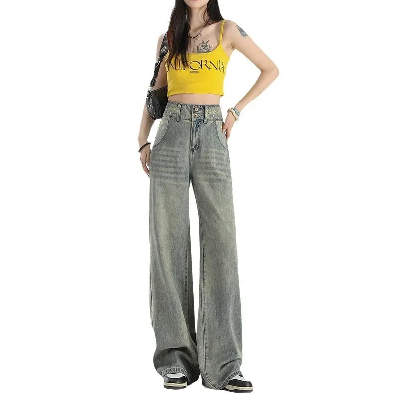 American Style Vintage Wide-Leg Jeans Women's High-Waisted Loose-Fit Slimming Draped Straight-Leg Pants New Spring 2025