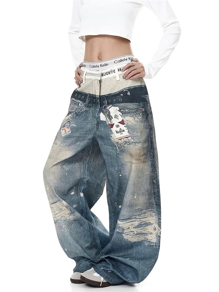 3D Printed Double Waistband Jeans Unisex Vintage Distressed Denim American Retro Loose Straight Trousers Streetwear Fashion - ZentrovaZentrova