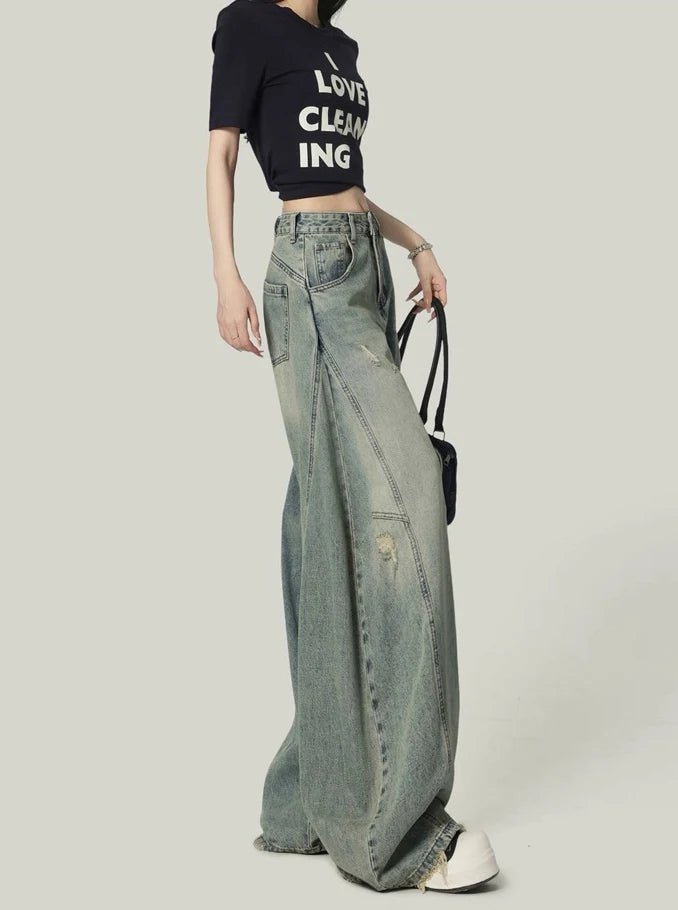 American High Street Retro Women Jeans Simple Basic High Waist Slim Woman Jeans Holes Casual Loose Chic Wide Leg Pants Female - ZentrovaZentrova