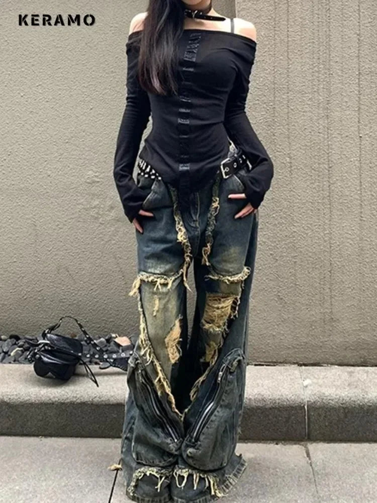 2024 Winter Punk Sexy Vintage Ripped Harajuku Loose Jeans Y2K Hollow Out Trashy Pants Women's BaggyTassels Denim Trouser - ZentrovaZentrova