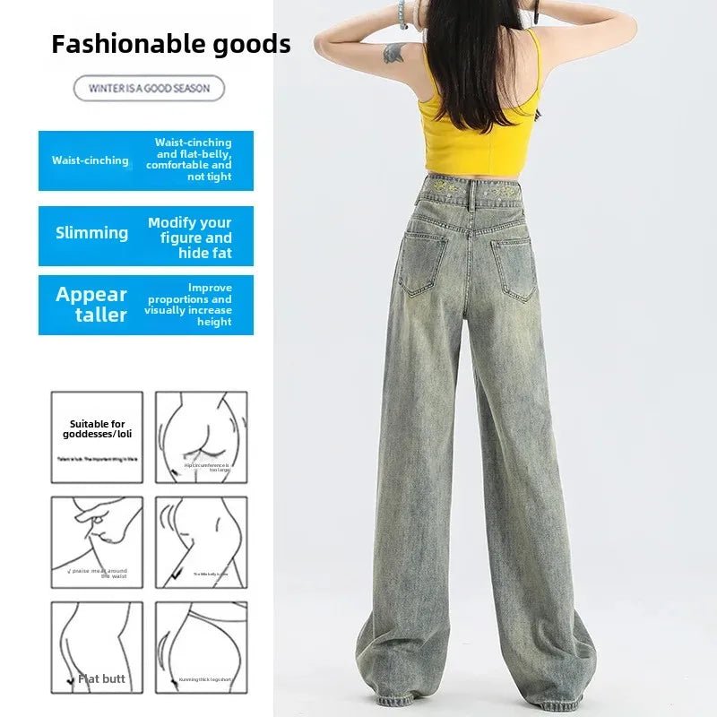 American Style Vintage Wide - Leg Jeans Women's High - Waisted Loose - Fit Slimming Draped Straight - Leg Pants New Spring 2025 - ZentrovaZentrova