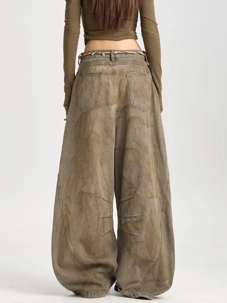 2025 American Retro Y2K Style Distressed Khaki Baggy Pleated Women's Jeans Pants Woman Clothing Wide Leg Cotton Long Trousers - ZentrovaZentrova