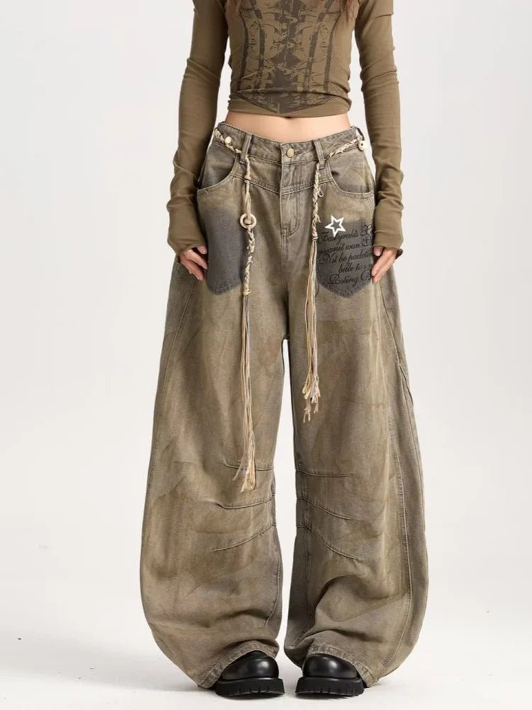 2025 American Retro Y2K Style Distressed Khaki Baggy Pleated Women's Jeans Pants Woman Clothing Wide Leg Cotton Long Trousers - ZentrovaZentrova