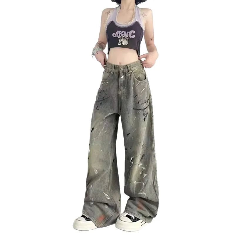 American High Street Style Wide Leg Denim Jeans Women's Autumn New Vintage Wasteland Design Sense Pants Polyester Fabric - ZentrovaZentrova
