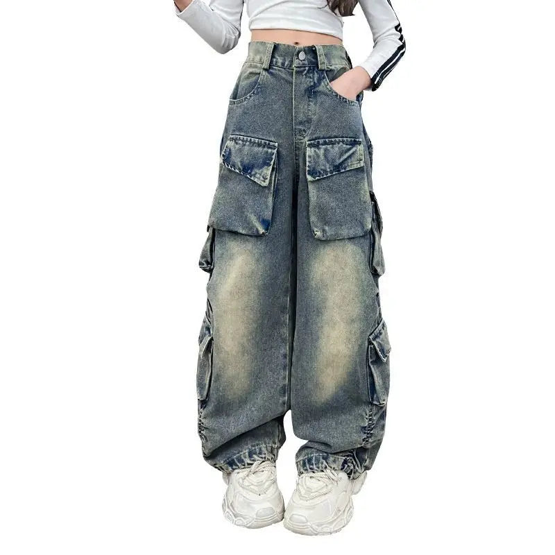 Cargo Jeans for Girls 2026 Spring Loose Casual Elastic Waist Teenage Children Wide Leg Pants Design Streetwear Kids Trousers