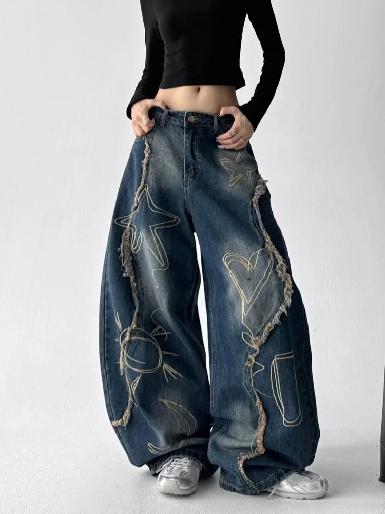 2025 Grunge Y2K Streetwear Vintage Blue Baggy Stacked Cargo Jeans Pants For Women Clothing Wide Leg New Rock Lady Denim Trousers - ZentrovaZentrova