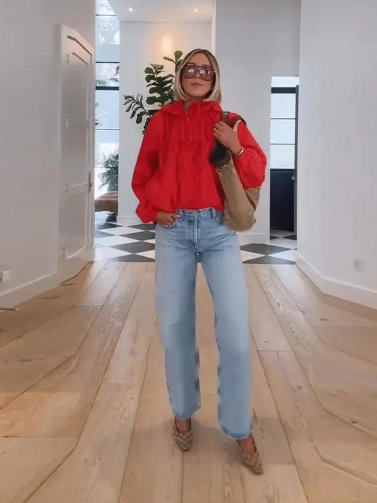 Chic Hooded Women's Jacket Zippers Full Sleeve Stand Collar Lace Up Loose Lady Coat 2026 Spring Fashion Female Street Outerwear - ZentrovaZentrova