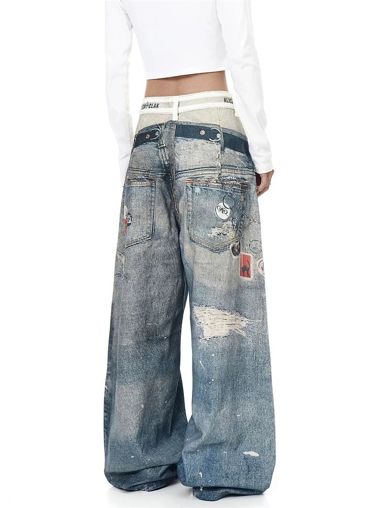 3D Printed Double Waistband Jeans Unisex Vintage Distressed Denim American Retro Loose Straight Trousers Streetwear Fashion - ZentrovaZentrova