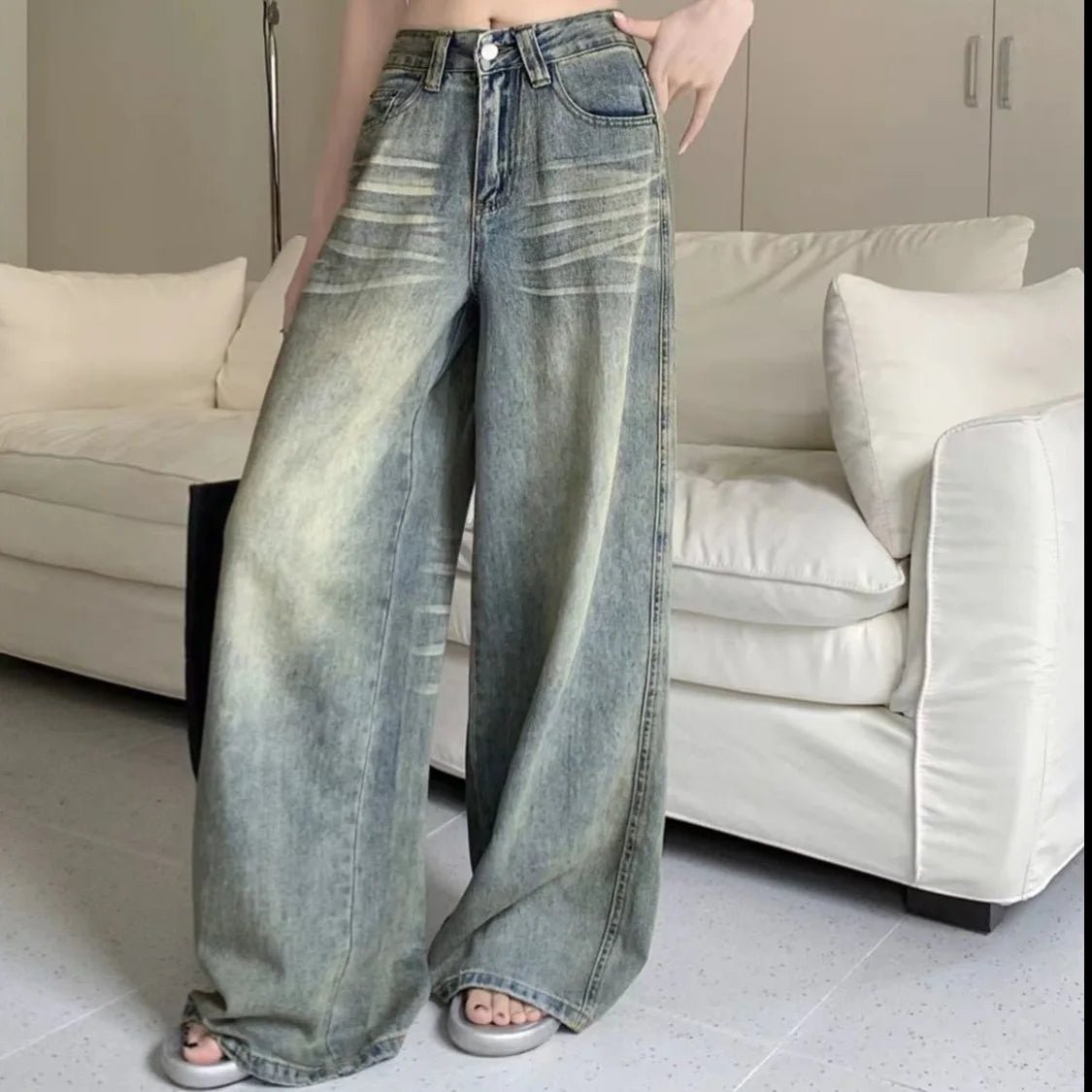 American Retro Washed Wide Leg Jeans Women Loose High Waisted Slimming Height Enhancing Floor Length Casual Straight Long Pants - ZentrovaZentrova