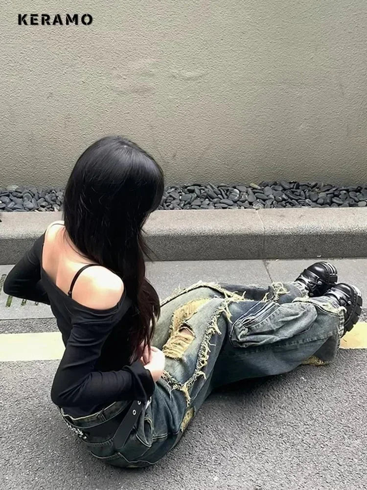 2024 Winter Punk Sexy Vintage Ripped Harajuku Loose Jeans Y2K Hollow Out Trashy Pants Women's BaggyTassels Denim Trouser - ZentrovaZentrova