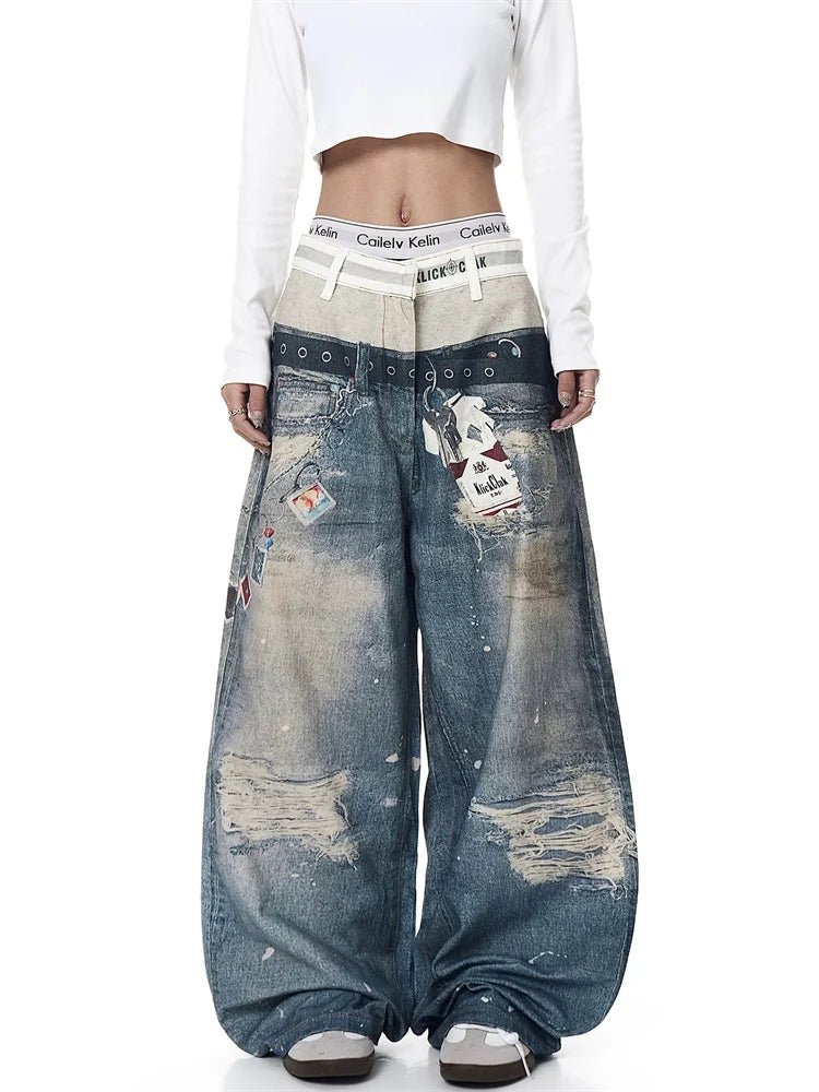 3D Printed Double Waistband Jeans Unisex Vintage Distressed Denim American Retro Loose Straight Trousers Streetwear Fashion - ZentrovaZentrova