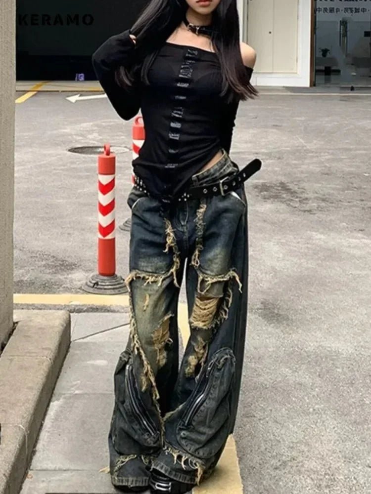 2024 Winter Punk Sexy Vintage Ripped Harajuku Loose Jeans Y2K Hollow Out Trashy Pants Women's BaggyTassels Denim Trouser - ZentrovaZentrova