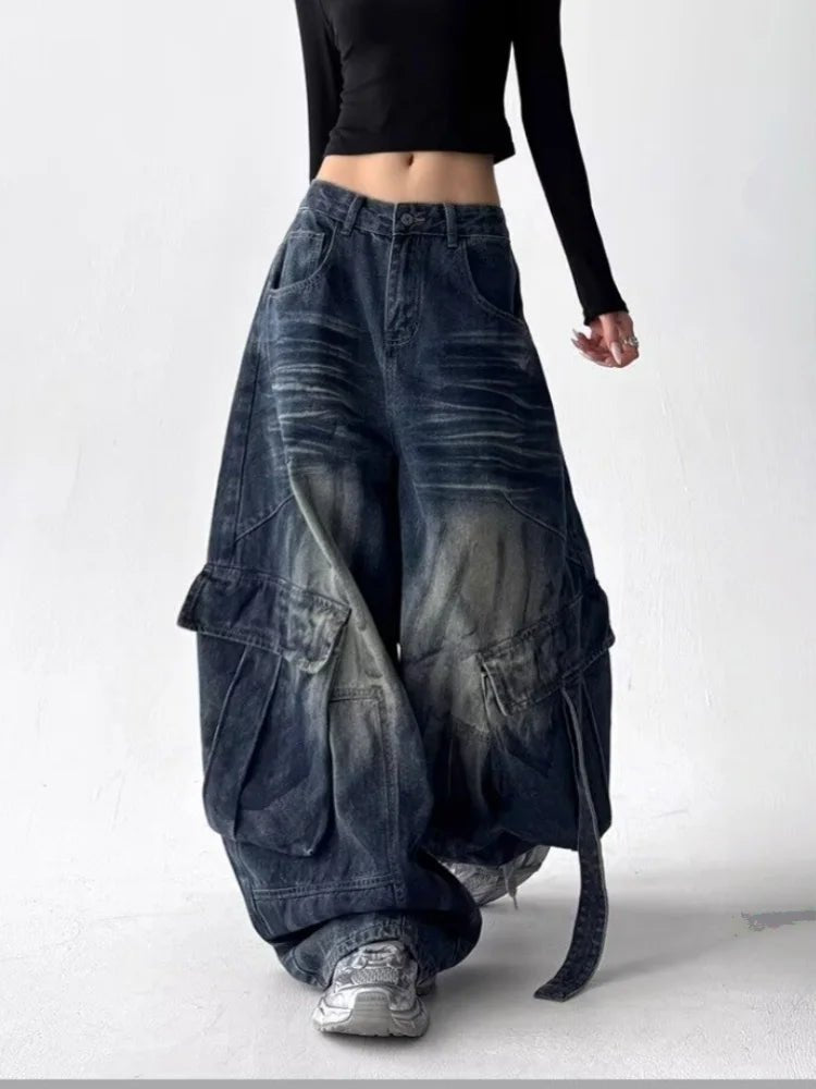 2025 American Retro Y2K Style Washed Distressed Blue Baggy Women's Cargo Jeans Pants For Woman Clothing Wide Leg Denim Trousers - ZentrovaZentrova