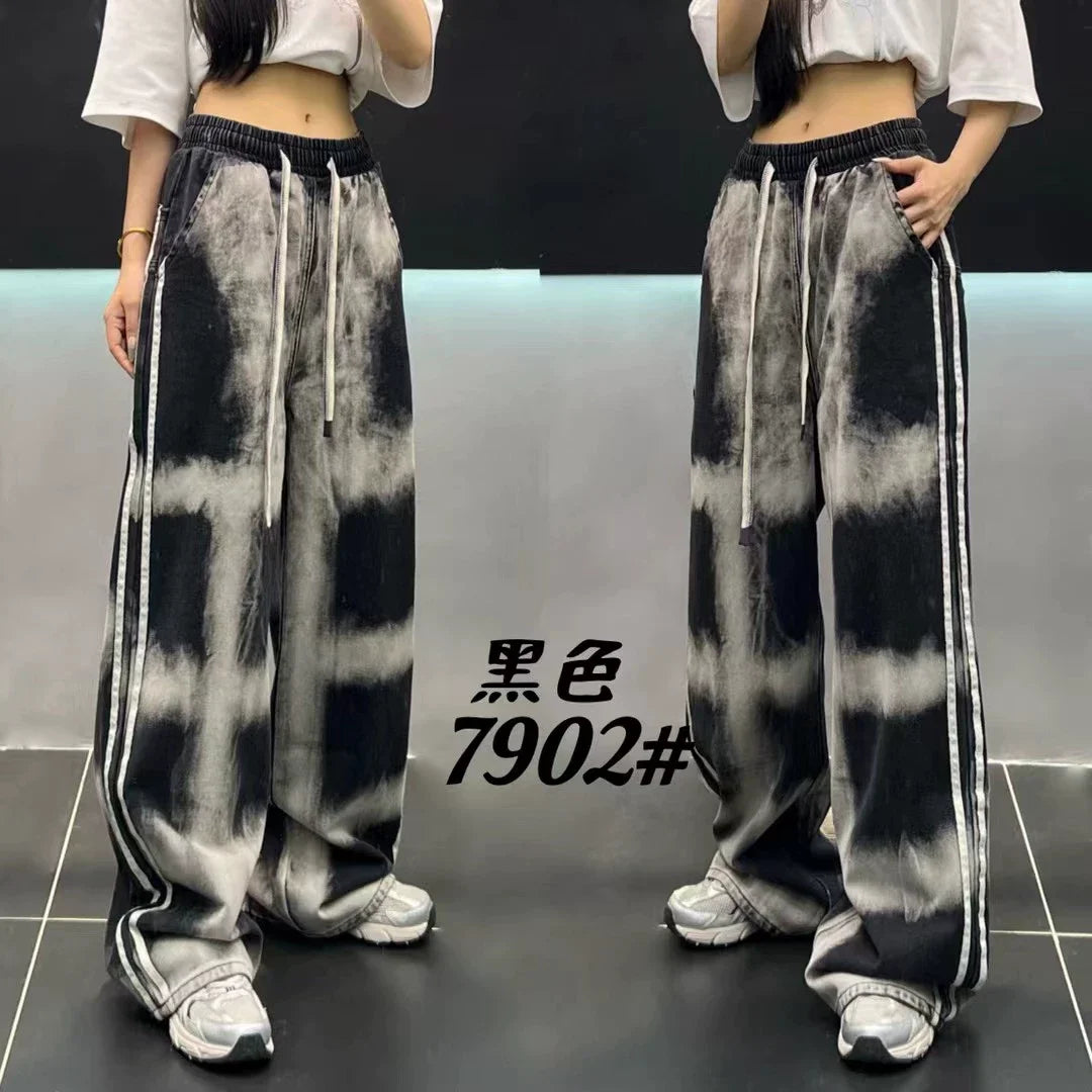 European Brand Stylish Patchwork Striped Jeans for Women Autumn New High Street Slimming Floor-Length Wide-Leg Casual Pants