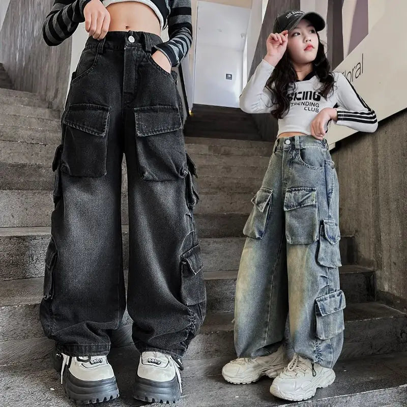 Cargo Jeans for Girls 2026 Spring Loose Casual Elastic Waist Teenage Children Wide Leg Pants Design Streetwear Kids Trousers