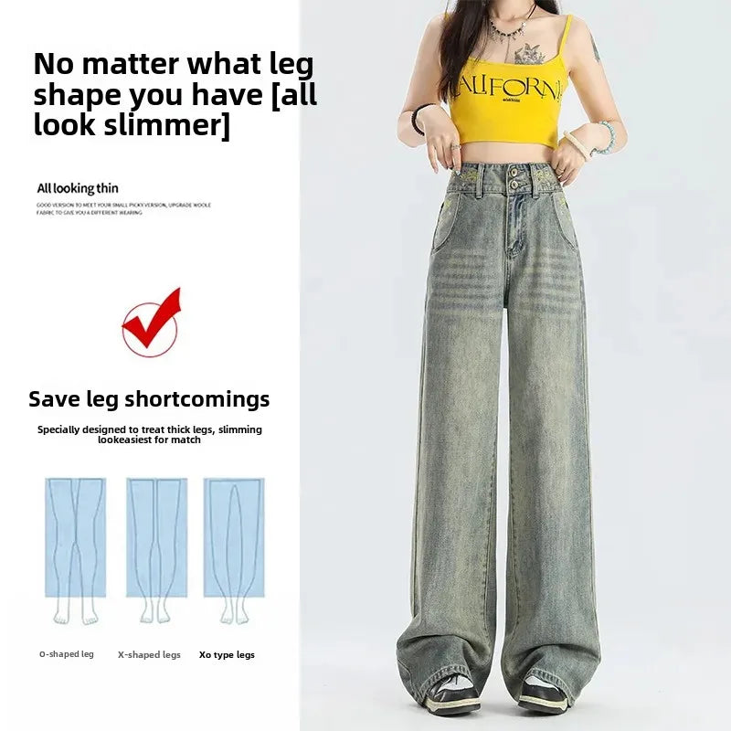 American Style Vintage Wide-Leg Jeans Women's High-Waisted Loose-Fit Slimming Draped Straight-Leg Pants New Spring 2025