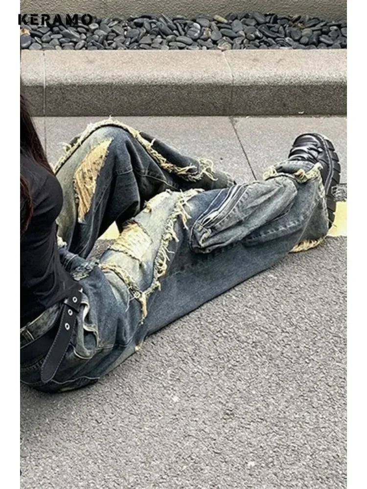 2024 Winter Punk Sexy Vintage Ripped Harajuku Loose Jeans Y2K Hollow Out Trashy Pants Women's BaggyTassels Denim Trouser - ZentrovaZentrova