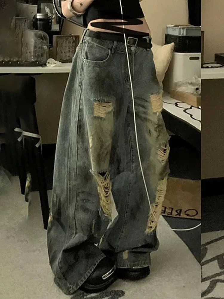 Classic High Waist Solid Color Loose Female Wide Leg Pants American Vintage Washed Chic Hollow Out Fashion Straight Women Jeans