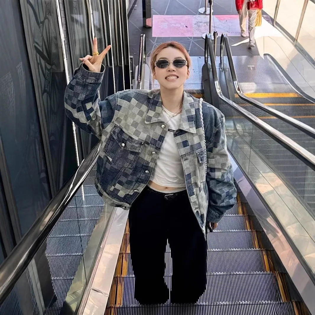 Vintage Loose Denim Jacket Trendy Men's Loose-Fit Jacket Men Streetwear Harajuku Style Plaid Coat Hip Hop Gothic Clothes