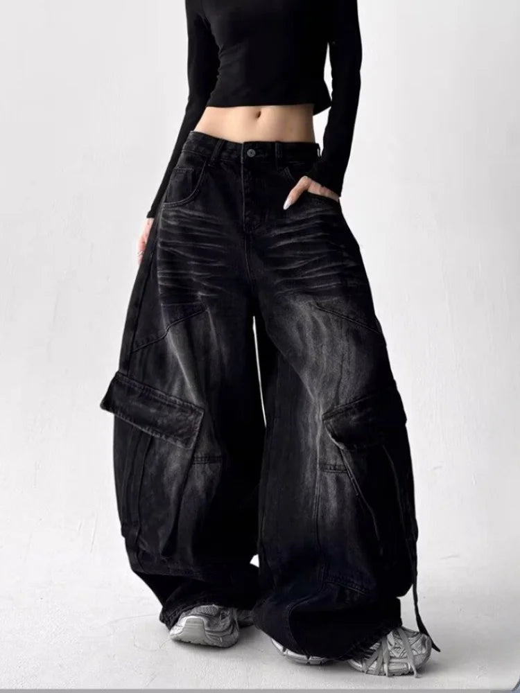 2025 American Retro Y2K Style Washed Distressed Blue Baggy Women's Cargo Jeans Pants For Woman Clothing Wide Leg Denim Trousers - ZentrovaZentrova