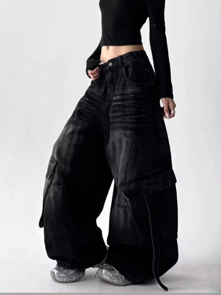 2025 American Retro Y2K Style Washed Distressed Blue Baggy Women's Cargo Jeans Pants For Woman Clothing Wide Leg Denim Trousers