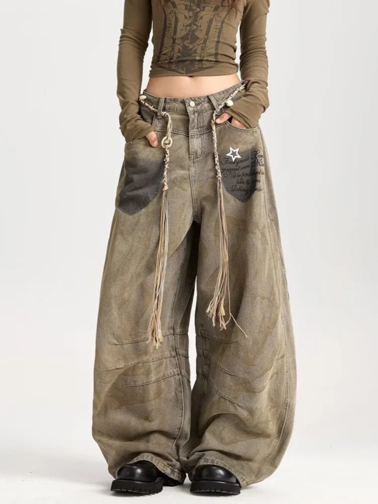 2025 American Retro Y2K Style Distressed Khaki Baggy Pleated Women's Jeans Pants Woman Clothing Wide Leg Cotton Long Trousers - ZentrovaZentrova