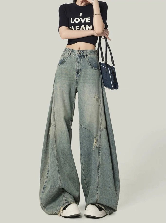 American High Street Retro Women Jeans Simple Basic High Waist Slim Woman Jeans Holes Casual Loose Chic Wide Leg Pants Female - ZentrovaZentrova