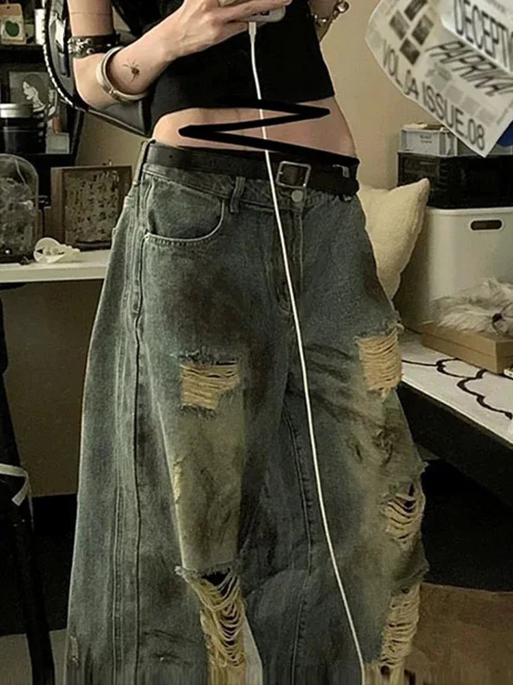 Classic High Waist Solid Color Loose Female Wide Leg Pants American Vintage Washed Chic Hollow Out Fashion Straight Women Jeans