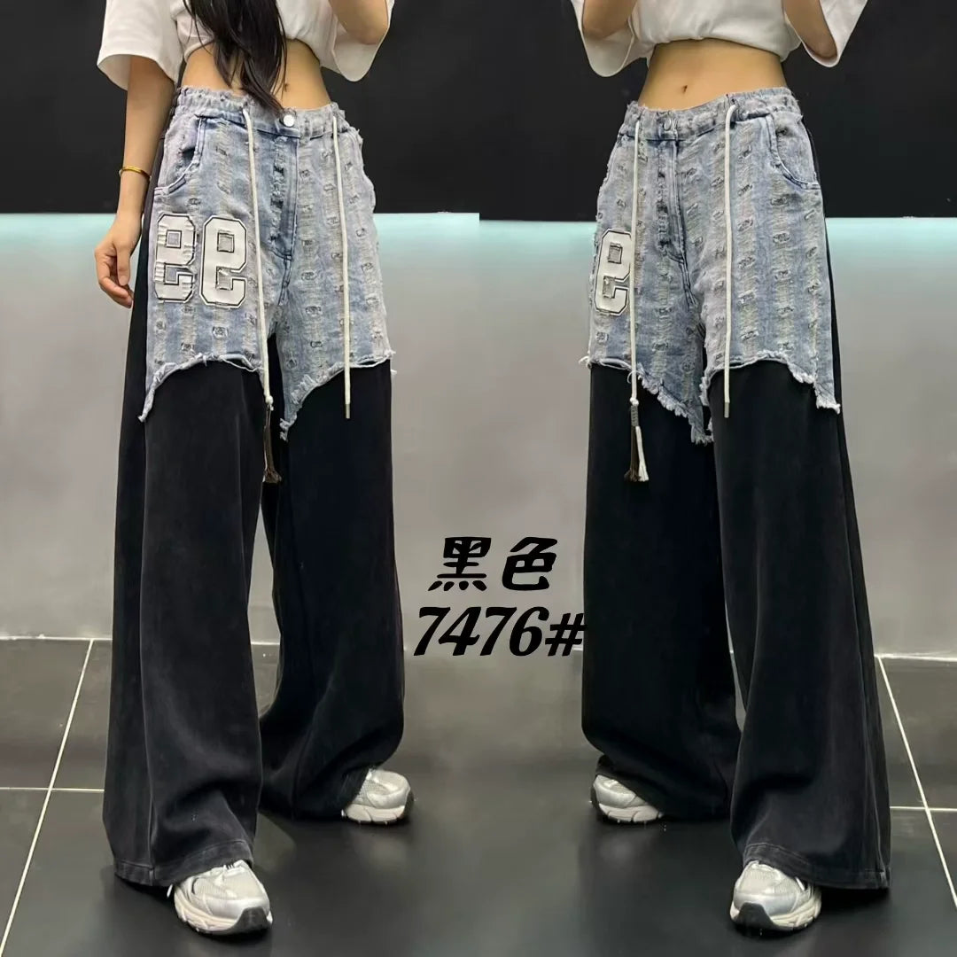 European Brand Stylish Patchwork Striped Jeans for Women Autumn New High Street Slimming Floor-Length Wide-Leg Casual Pants