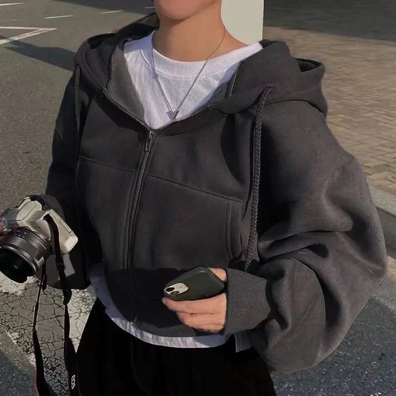 Autumn Winter Hooded Hoodies Women Casual Streetwear Zip Up Sweatshirts Long Sleeve Jackets Harajuku Y2K Crop Tops Hood Shirt - ZentrovaZentrova