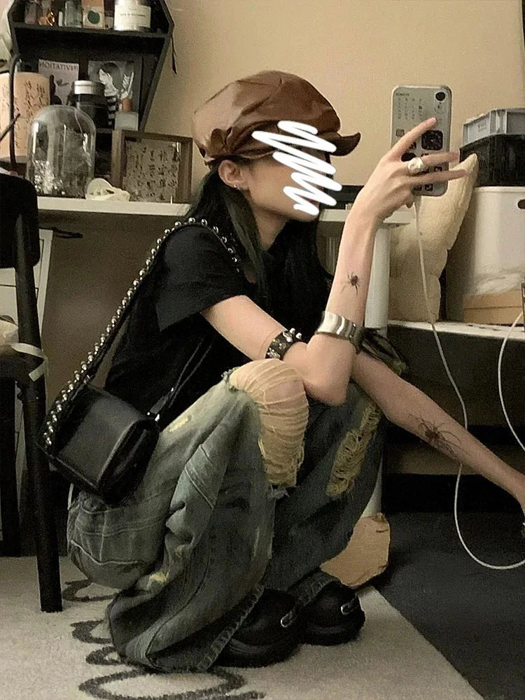 Classic High Waist Solid Color Loose Female Wide Leg Pants American Vintage Washed Chic Hollow Out Fashion Straight Women Jeans