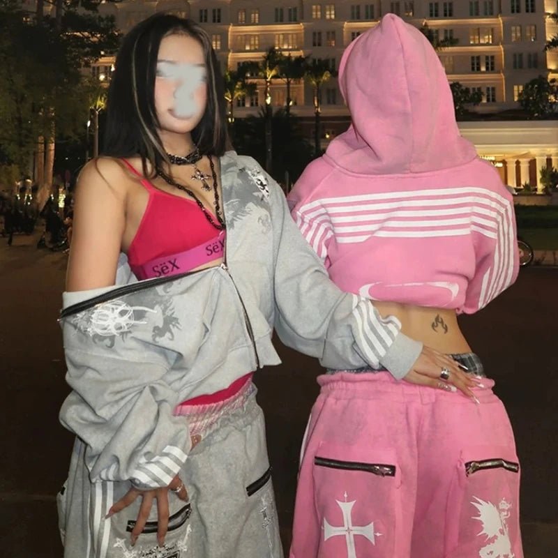 Cross border long sleeved hooded sweatshirt with printed pattern, sweatshirt and pants set for street fashion - ZentrovaZentrova