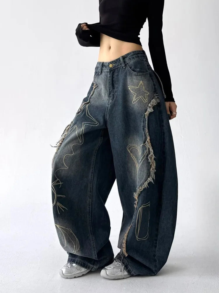 2025 Grunge Y2K Streetwear Vintage Blue Baggy Stacked Cargo Jeans Pants For Women Clothing Wide Leg New Rock Lady Denim Trousers