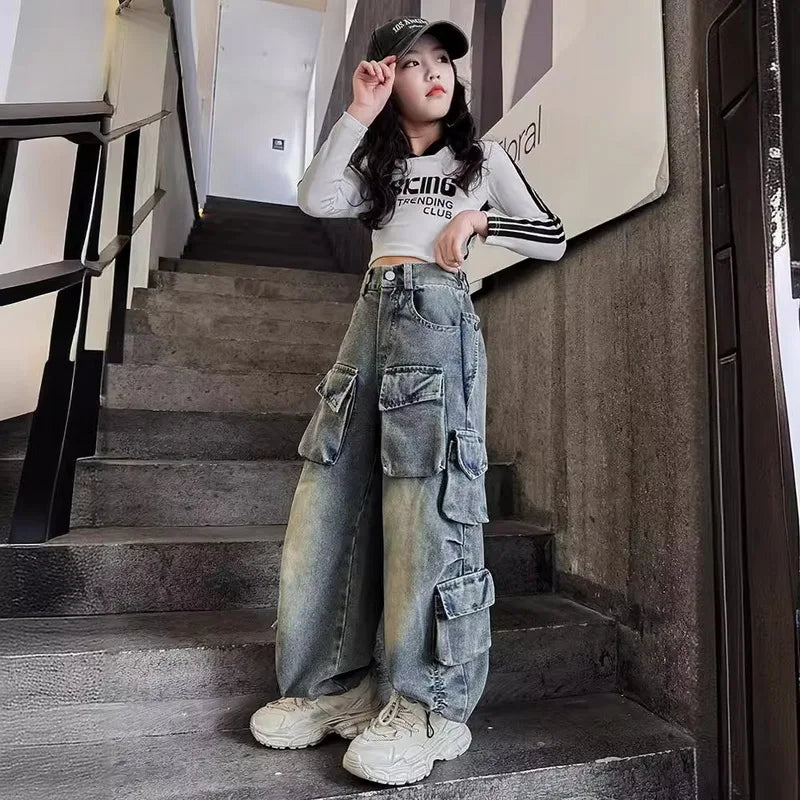 Cargo Jeans for Girls 2026 Spring Loose Casual Elastic Waist Teenage Children Wide Leg Pants Design Streetwear Kids Trousers