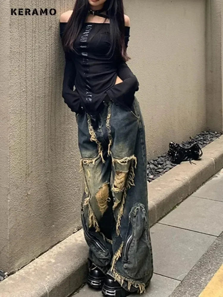 2024 Winter Punk Sexy Vintage Ripped Harajuku Loose Jeans Y2K Hollow Out Trashy Pants Women's BaggyTassels Denim Trouser