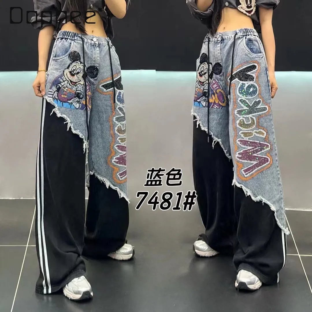 European Brand Stylish Patchwork Striped Jeans for Women Autumn New High Street Slimming Floor - Length Wide - Leg Casual Pants - ZentrovaZentrova