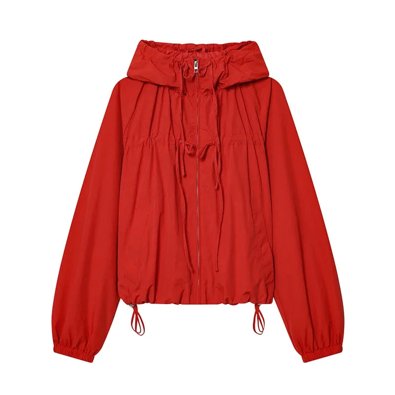 Chic Hooded Women's Jacket Zippers Full Sleeve Stand Collar Lace Up Loose Lady Coat 2026 Spring Fashion Female Street Outerwear