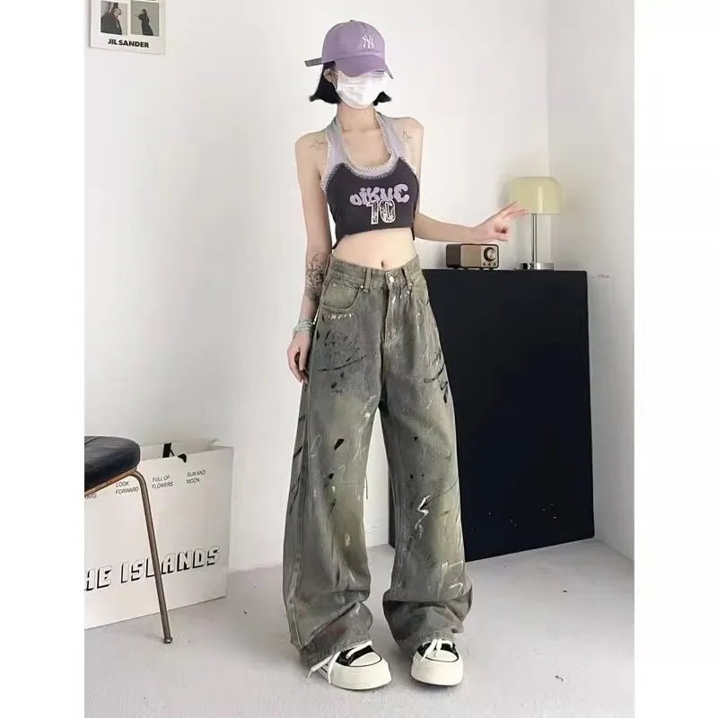 American High Street Style Wide Leg Denim Jeans Women's Autumn New Vintage Wasteland Design Sense Pants Polyester Fabric - ZentrovaZentrova