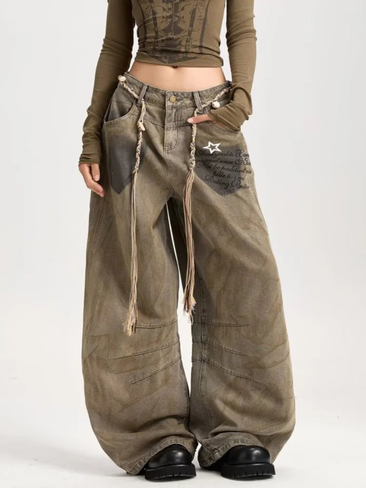 2025 American Retro Y2K Style Distressed Khaki Baggy Pleated Women's Jeans Pants Woman Clothing Wide Leg Cotton Long Trousers - ZentrovaZentrova
