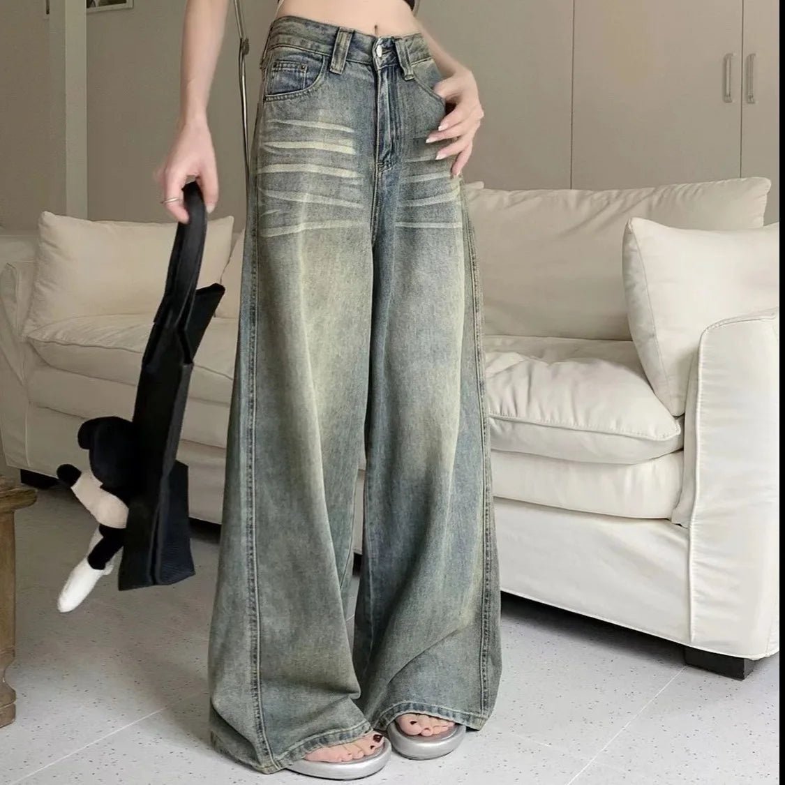 American Retro Washed Wide Leg Jeans Women Loose High Waisted Slimming Height Enhancing Floor Length Casual Straight Long Pants - ZentrovaZentrova