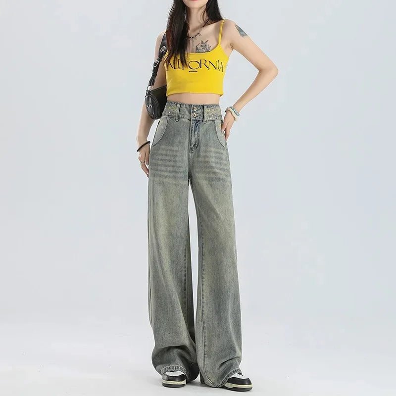 American Style Vintage Wide - Leg Jeans Women's High - Waisted Loose - Fit Slimming Draped Straight - Leg Pants New Spring 2025 - ZentrovaZentrova