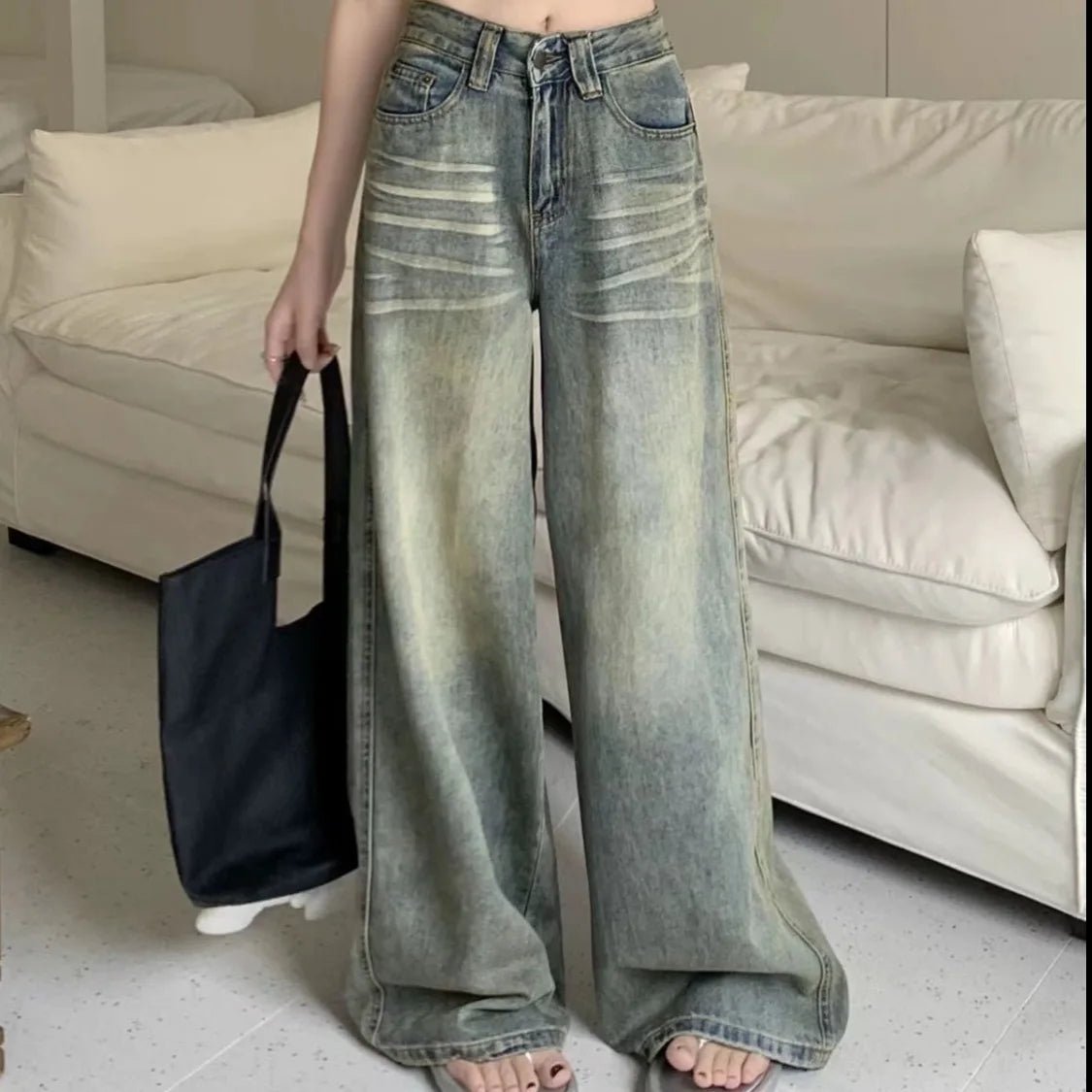 American Retro Washed Wide Leg Jeans Women Loose High Waisted Slimming Height Enhancing Floor Length Casual Straight Long Pants - ZentrovaZentrova