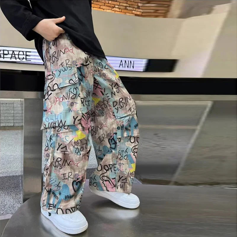 Child Pants 2025 New Spring Boys Trousers Teenager Autumn Fashion Clothing Kids Wide-legged Trousers Boy Letter Loose Pants