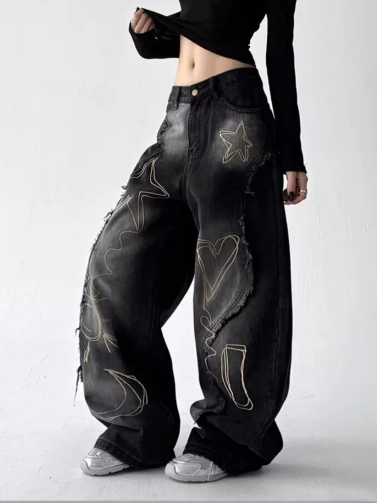 2025 Grunge Y2K Streetwear Vintage Blue Baggy Stacked Cargo Jeans Pants For Women Clothing Wide Leg New Rock Lady Denim Trousers - ZentrovaZentrova