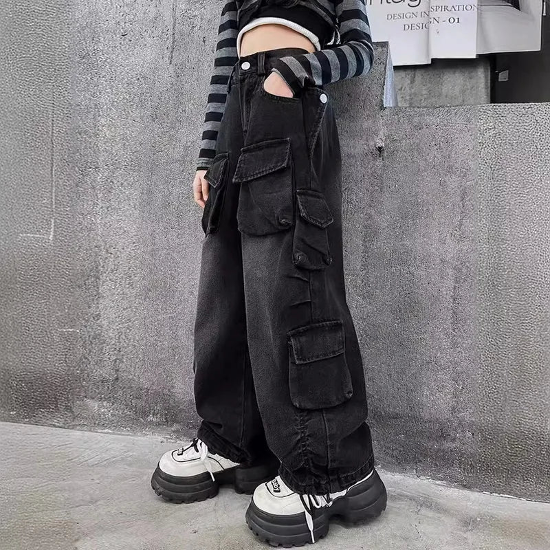Cargo Jeans for Girls 2026 Spring Loose Casual Elastic Waist Teenage Children Wide Leg Pants Design Streetwear Kids Trousers